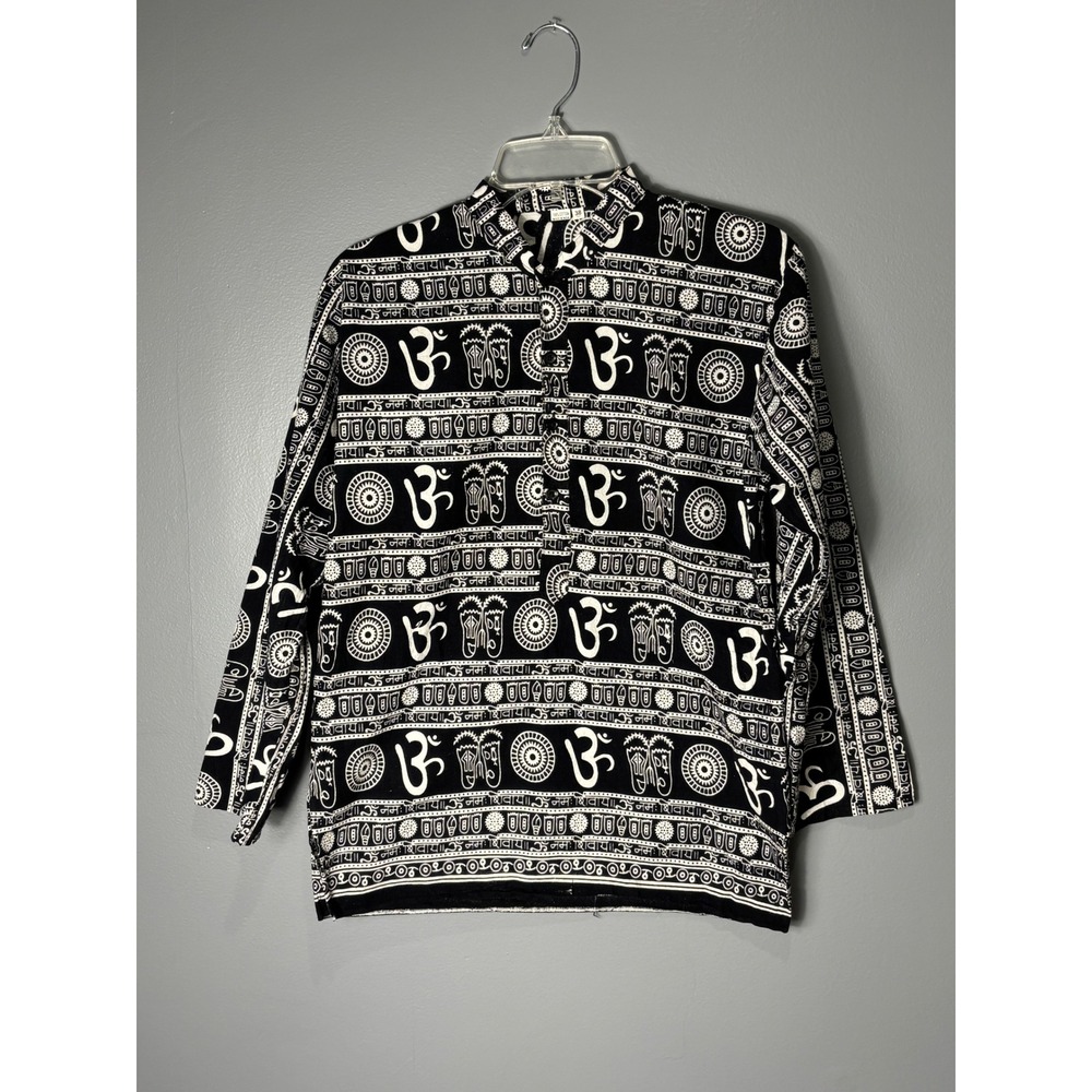 Cotton Om Mantra Print Kurta Tunic Top Black White Sanskrit Yoga Shirt 38
